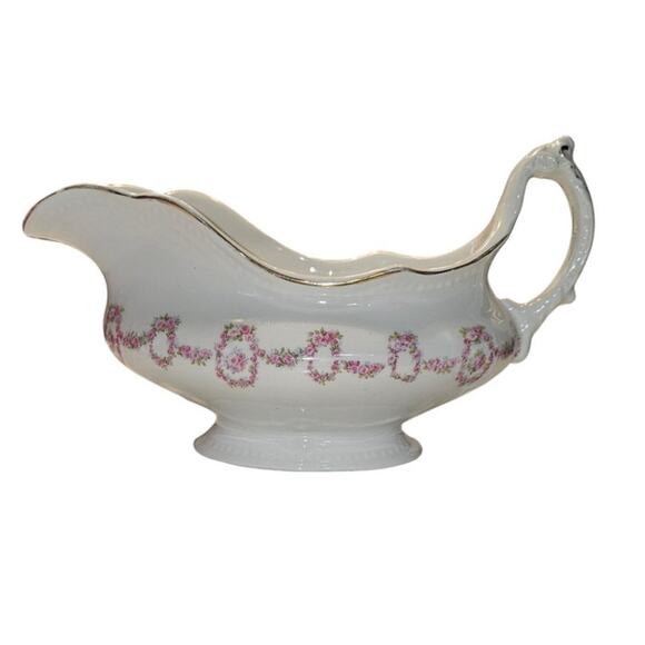 Antique Johnson Brothers Gravy Boat Gold Scallop Edge Pink Rose Swags JB313 - Picture 3 of 10